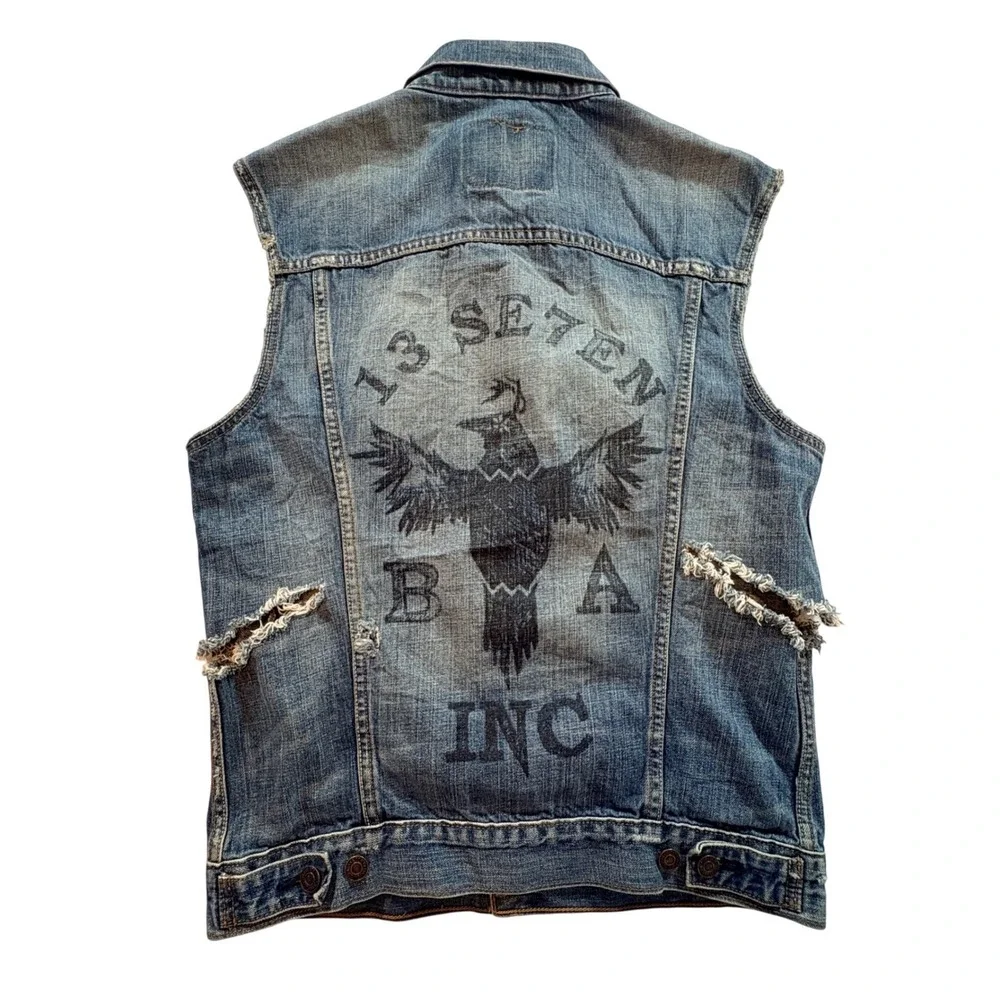 Levi's Denim Trucker Vest Mens Medium Distressed Eagle Graphic Blue Jean Jacket